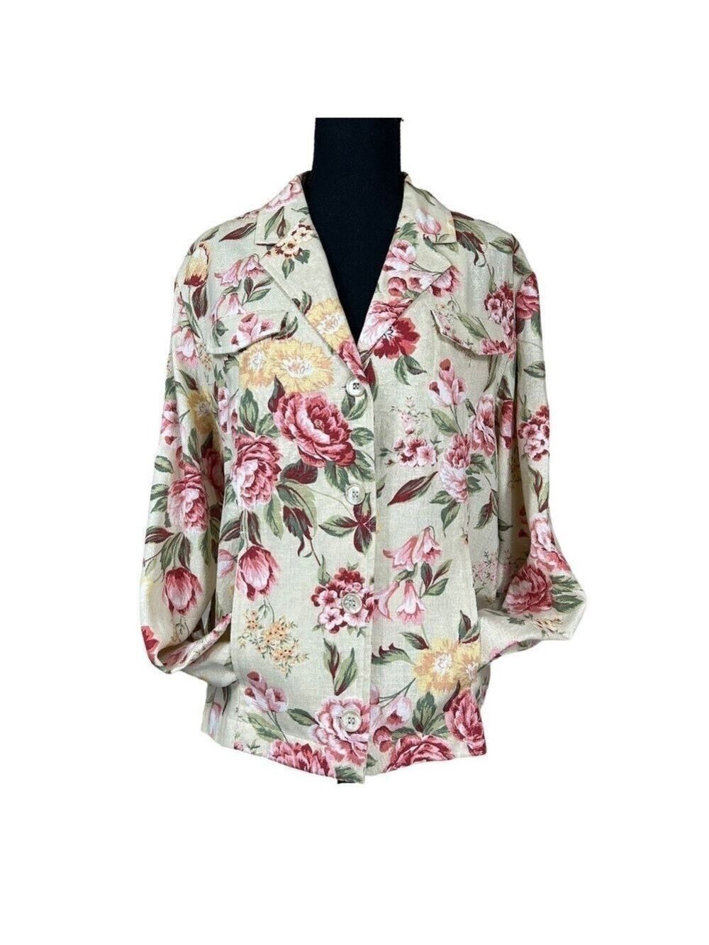 White Stag New Roses Floral Linen Blend Pockets Blazer Jacket Size L